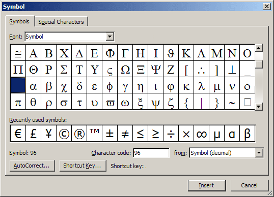 shortcut for greek letters in word mac